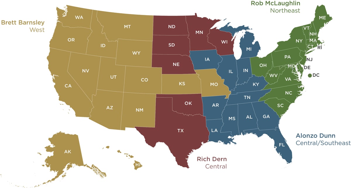 US Map of Business Development Leaders for each state.